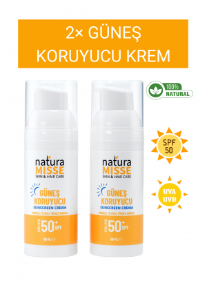 Doğal Güneş Kremi 2x50 Ml Uva Uvb Spf 50 Yüksek Koruma Leke Karşıtı Bakım Nemlendirici Su Bazlı Krem